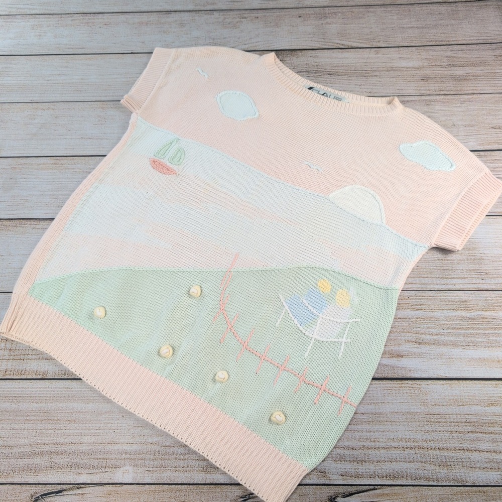 Vintage Pink Pastel park pond scene Cotton Sweater Top M coastal grannycore